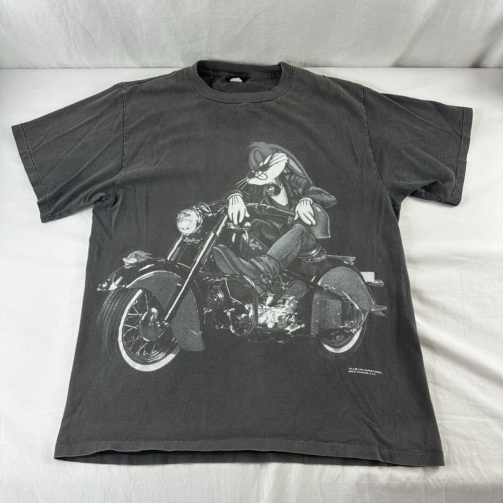 Vtg Warner Bros 1996 Bugs Bunny Shadow Motorcycle Single Stitch T Sz L USA Made